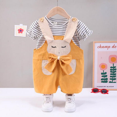 Casual Suspenders Two Piece Round Neck Striped Short Sleeve Suit